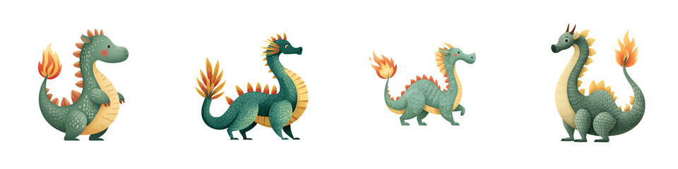 Cute Cartoon Dragons Set: Green Dragons with Flaming Tails