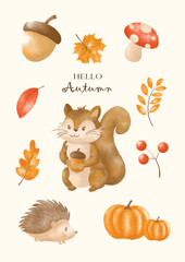 Hello autumn season squirrel leaves water color style