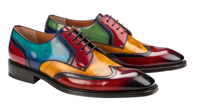 Colorful leather dress shoes with multiple color panels and black laces isolated on a transparent background