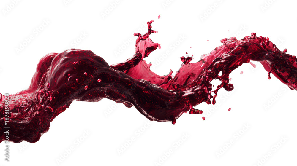 Poster red liquid splash with dynamic motion on white isolated background.