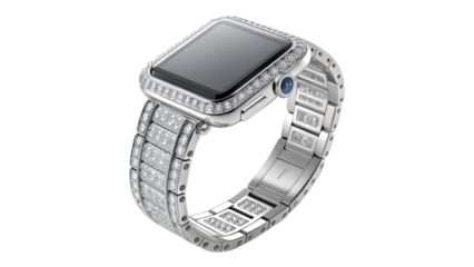 Diamond encrusted luxury smartwatch with metallic band isolated on a transparent background