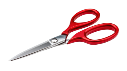 Red scissors with stainless steel blades on a white isolated background, ideal for crafting and office use.