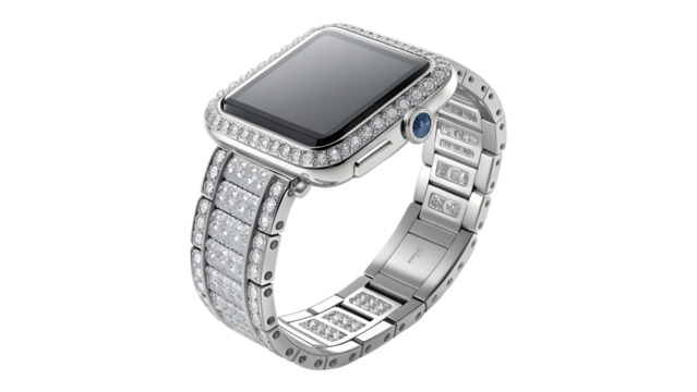 Diamond encrusted luxury smartwatch with metallic band isolated on a transparent background