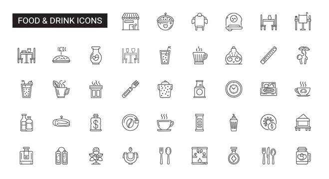 Collection of outline food and drink symbols arranged neatly on white surface representing diverse culinary options and beverage choices for menus and websites.
