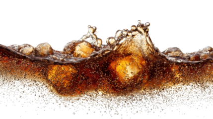 Refreshing cola beverage with ice cubes, splash and bubbles on a white isolated background.