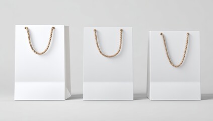 Three blank white paper shopping bags with light beige/tan string handles