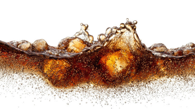 Refreshing cola beverage with ice cubes, splash and bubbles on a white isolated background.