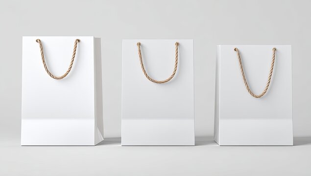 Three blank white paper shopping bags with light beige/tan string handles