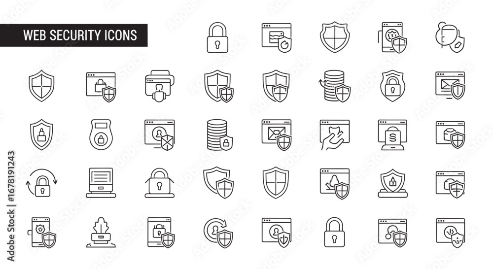 Aufkleber thin line style web security elements representing data protection and online safety against cyber t