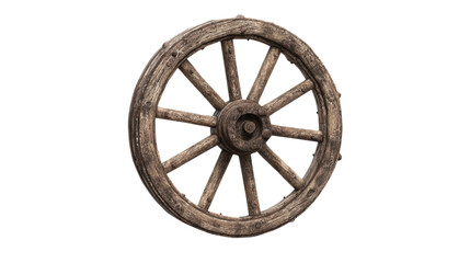 Obraz premium Rustic wooden wagon wheel, classic design, isolated on white background.