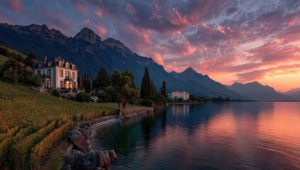 Mountain lake house at sunset