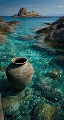 Ancient bronze jar in crystal-clear turquoise water
