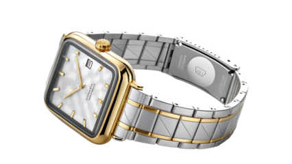 Elegant gold and silver timepiece with mother of pearl dial isolated on a transparent background