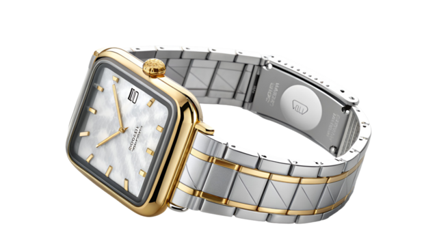Elegant gold and silver timepiece with mother of pearl dial isolated on a transparent background