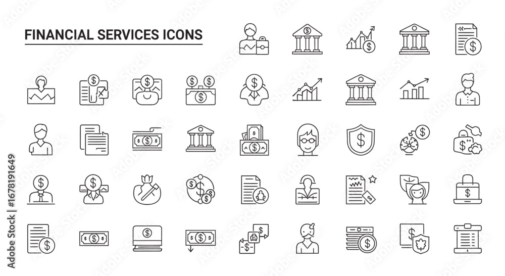 Poster thin line financial service elements representing banking and investment in a clean and modern style