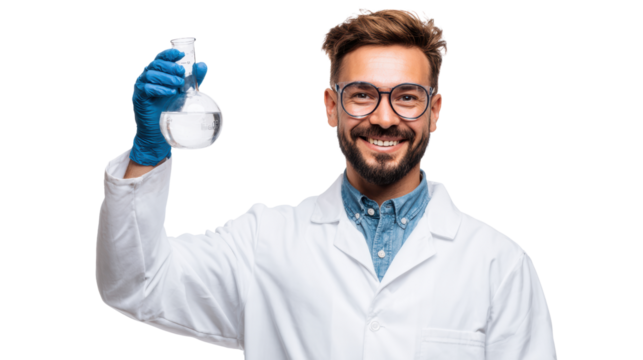 Scientist in lab coat smiling and holding a flask with liquid, isolated on white background.