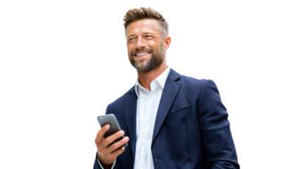 Smiling businessman in a suit holding a smartphone, positive attitude, modern lifestyle, white isolate background.