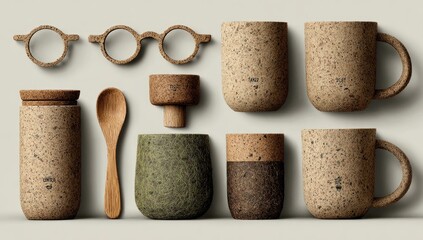 Assorted corkware, glasses, and utensils