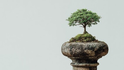 Fototapeta premium Small bonsai tree in weathered pot atop a column