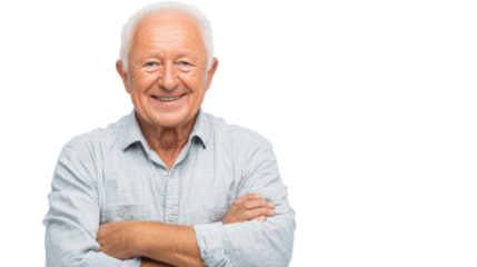 Smiling elderly man with gray hair, wearing a light shirt, arms crossed, positive expression on a white background.