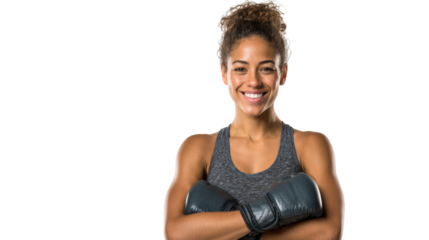 Smiling female boxer wearing gloves, confident and ready for action, isolated on a white background.