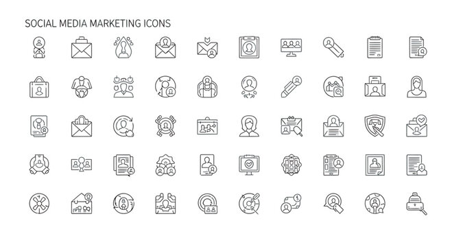 Collection of social media marketing elements displayed as line art on white, representing online communication and brand building, clean and modern.