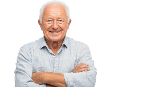 Smiling elderly man with gray hair, wearing a light shirt, arms crossed, positive expression on a white background.