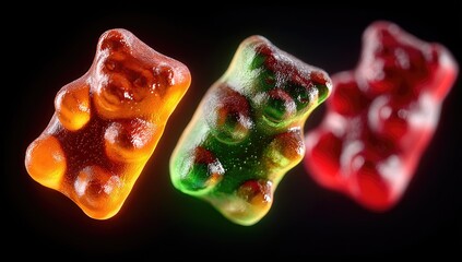 Three gummy bears, vibrant colors,  in motion