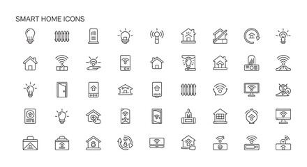 Smart home automation devices and systems representing modern living and technology in a simple line art style, conveying innovation and convenience.