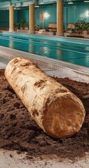 Large log in dark soil, pool background