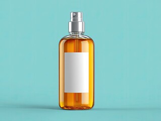 Clear plastic spray bottle, amber liquid, blank label