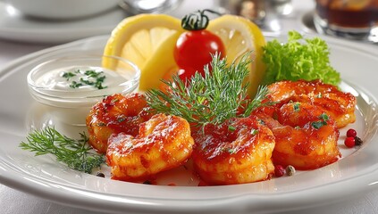 Appetizer plate with spicy shrimp, lemon, and herbs