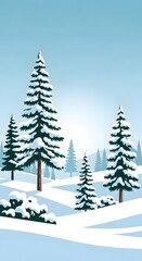 Fototapeta premium A serene winter landscape with snow-covered pine trees and rolling hills under a clear blue sky.