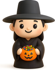 Korean Grim Reaper Character with a Halloween Pumpkin Basket of Candy(jeoseung-saja)