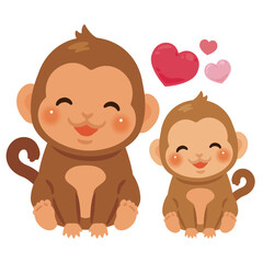 お座りした笑顔のサルの親子イラスト