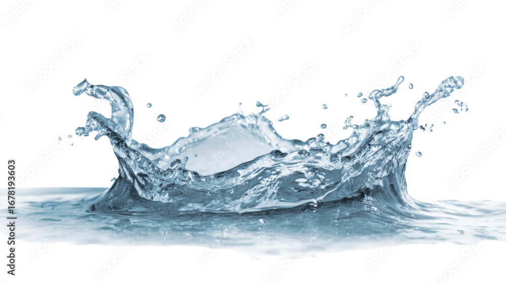 Poster splashing water with dynamic movement on a white background