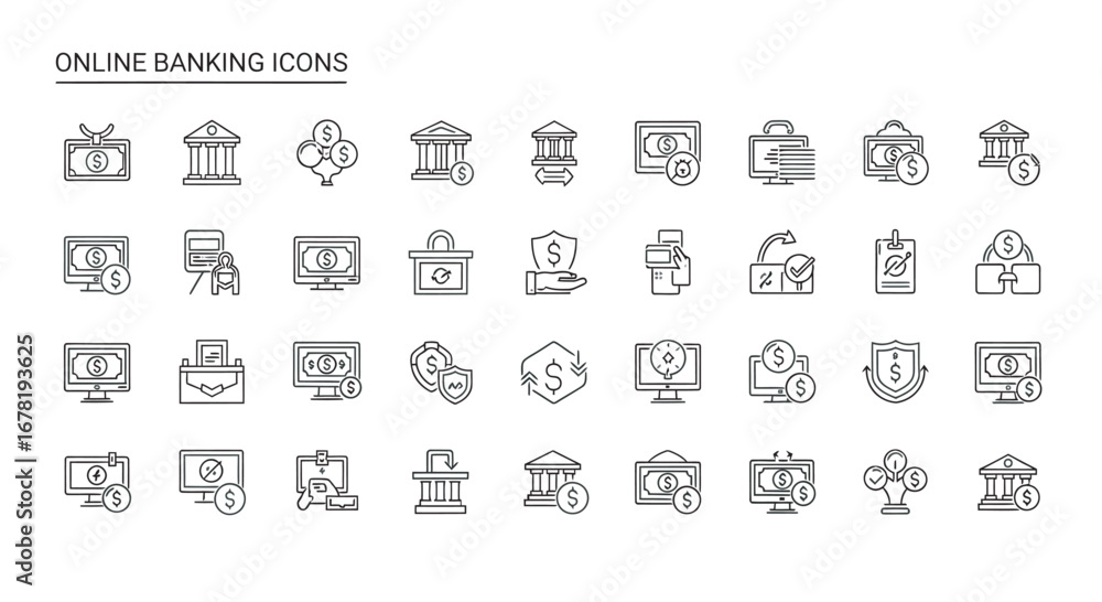 Poster online banking symbols representing financial transactions and security measures in a clean, minimal