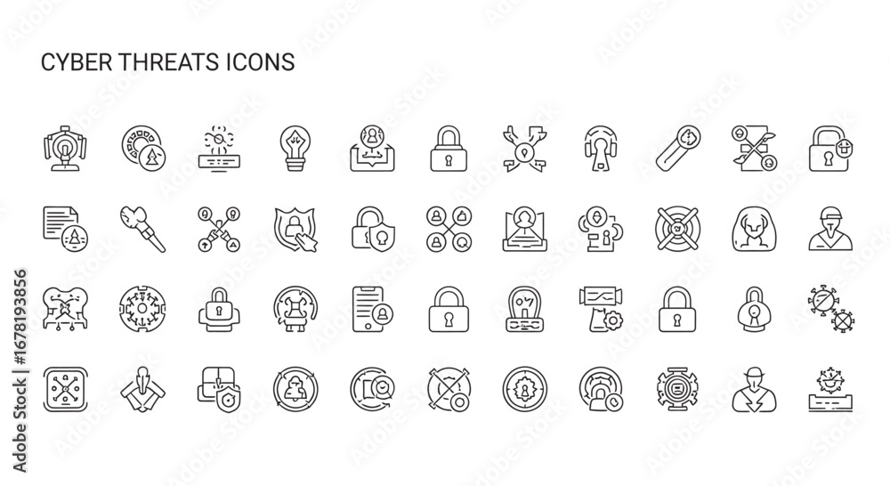 Poster cybersecurity threats presented as line art showing various security risks and data breaches on a wh