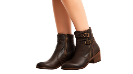 Stylish brown leather ankle boots worn by a person, perfect for casual or formal occasions, on a white isolated background.