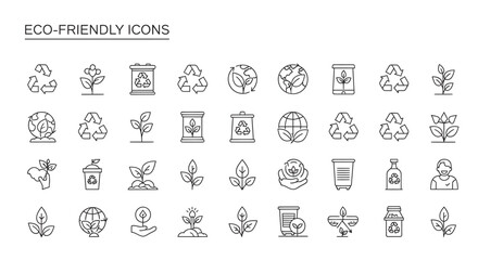 Collection of ecofriendly line art symbols representing environmental sustainability and conservation on a white backdrop, promoting a green lifestyle.