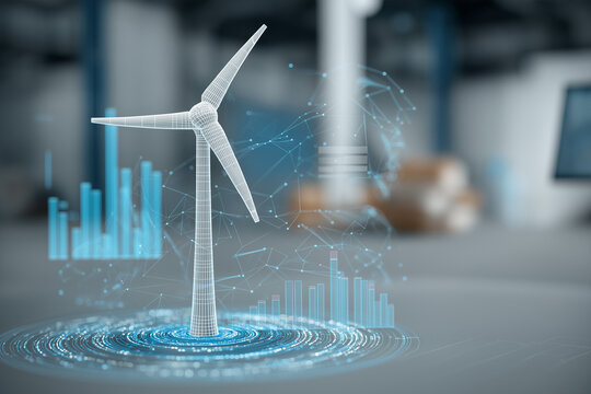 3d wind turbine model spinning in augmented environment, data charts tracking energy output, concept of digital wind energy systems powering clean future