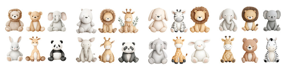 Fototapeta premium Adorable Watercolor Plushies: Cute Stuffed Animals for Nursery Decor