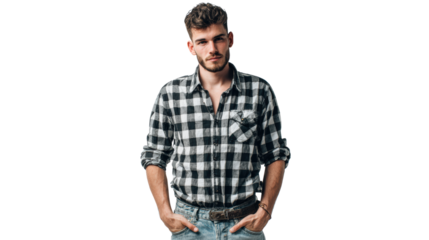 Stylish young man wearing a plaid shirt, posing confidently with arms crossed.