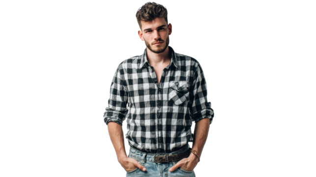 Stylish young man wearing a plaid shirt, posing confidently with arms crossed.