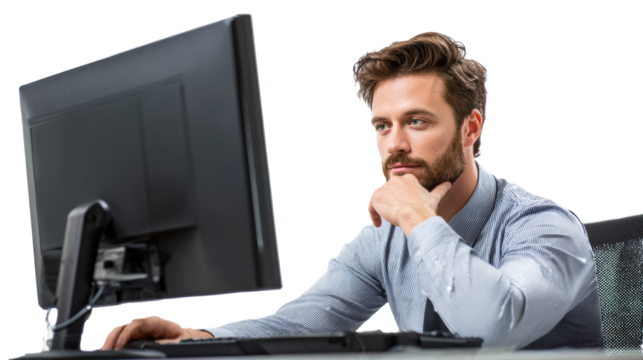Thoughtful businessman working on a computer, contemplating decisions in a professional setting.