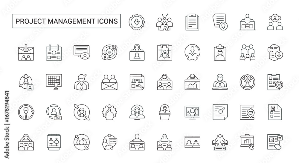 Poster project management symbols displayed as thin line art on white offering a clean and professional loo