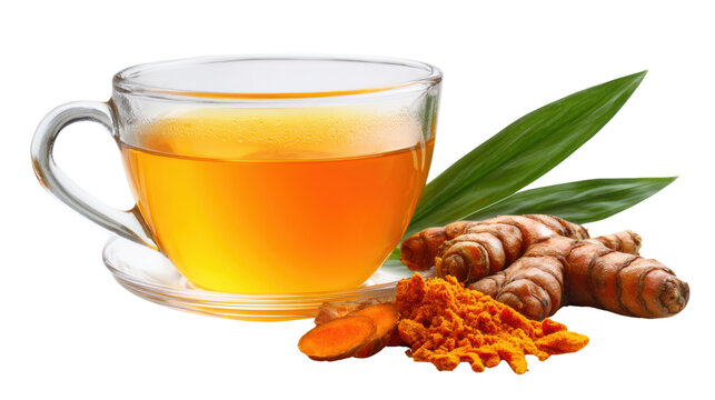 Turmeric tea in a glass cup with fresh turmeric roots and leaves, on a white isolated background. - Powered by Adobe