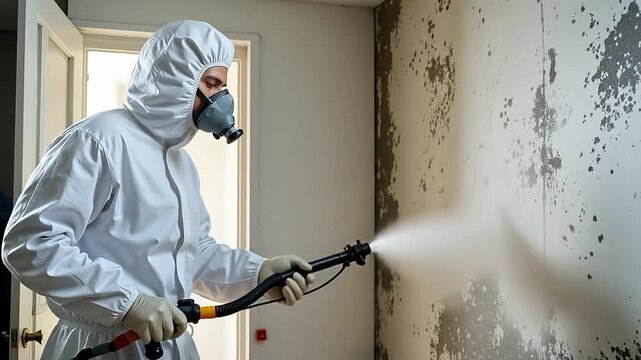 Professional remediation specialist spraying mold in home with protective gear and equipment