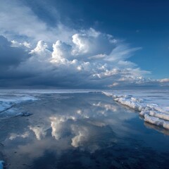 Obraz premium Serene Frozen Landscape Under Cloudy Sky with Reflections on Calm Water Surface
