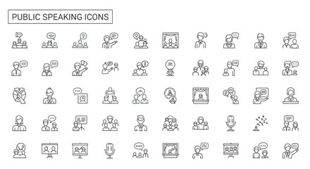 Line art depicts public speaking scenarios, showcasing communication skills and presentation techniques in a professional setting, emphasizing clarity and confidence.